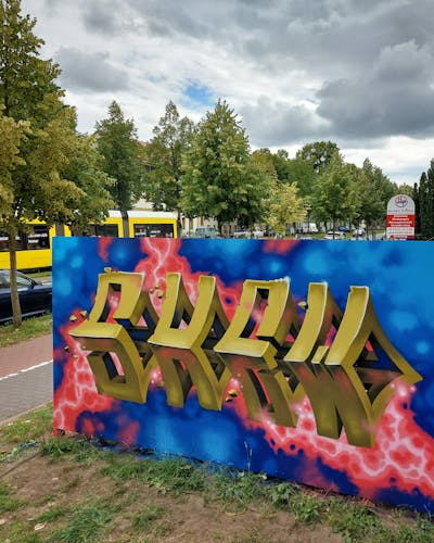 Yellow and Colorful Stylewriting by Shew and the Buddys. This Graffiti is located in Strausberg, Germany and was created in 2022. This Graffiti can be described as Stylewriting and 3D.