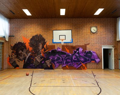 Violet and Orange Stylewriting by mobar and woodland. This Graffiti is located in ERDING, Germany and was created in 2021. This Graffiti can be described as Stylewriting and Characters.