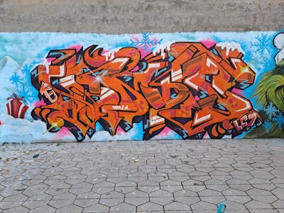 Orange and Colorful and Light Blue Stylewriting by Biwsone. This Graffiti is located in madrid, Spain and was created in 2023.