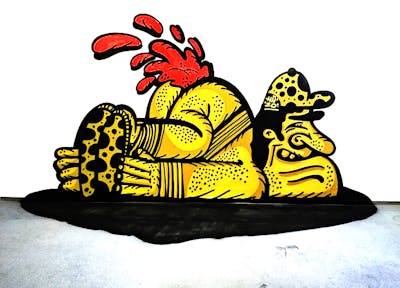 Yellow and Red Characters by Hülpman, OST and PÜTK. This Graffiti is located in Berlin, Germany and was created in 2020.