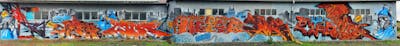 Light Blue and Grey and Red Stylewriting by Ozler, Kasimir, Wok, Riots, Flak, Prolet, Able2, weise and sifoe. This Graffiti is located in Oschatz, Germany and was created in 2023. This Graffiti can be described as Stylewriting and Characters.
