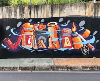 Colorful and Orange Stylewriting by JINAK. This Graffiti is located in Batam, Indonesia and was created in 2022. This Graffiti can be described as Stylewriting, Characters, Wall of Fame and Streetart.