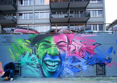 Colorful Stylewriting by Whyre87, Posk crew and KAC crew. This Graffiti is located in Geneva, Switzerland and was created in 2022. This Graffiti can be described as Stylewriting, Characters and Wall of Fame.