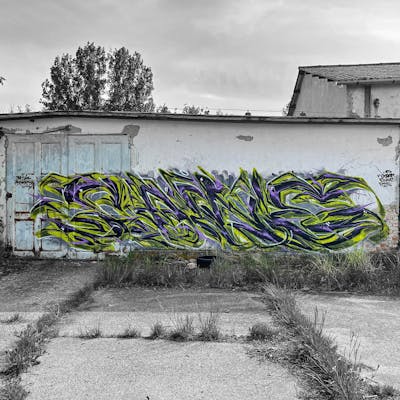 Violet and Yellow Stylewriting by Saine and saine421. This Graffiti is located in United States and was created in 2022. This Graffiti can be described as Stylewriting and Abandoned.