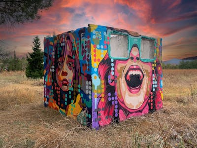 Colorful Characters by bzks. This Graffiti is located in Thessaloniki, Greece and was created in 2024. This Graffiti can be described as Characters, Streetart, Atmosphere and Abandoned.