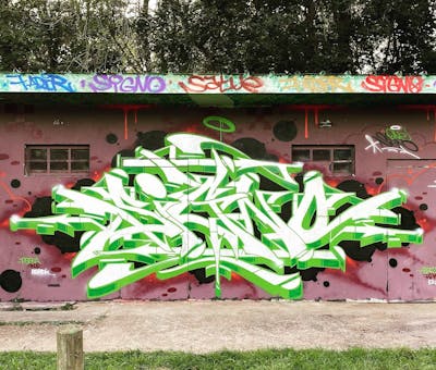 White and Light Green and Coralle Stylewriting by Signo. This Graffiti is located in France and was created in 2023.