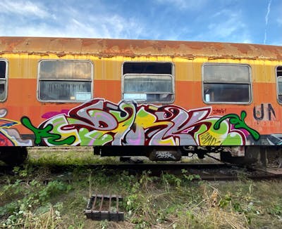 Colorful Stylewriting by Zark. This Graffiti is located in Italy and was created in 2023. This Graffiti can be described as Stylewriting, Trains, Abandoned and Freights.