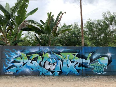 Light Blue and Light Green and Black Stylewriting by Eno_onf. This Graffiti is located in Jambi, Indonesia and was created in 2023. This Graffiti can be described as Stylewriting and Characters.