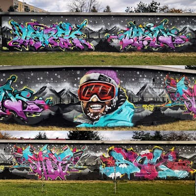 Colorful Stylewriting by MARK, Hopek, Shibe, Pisak and Nie Wiem. This Graffiti is located in Lancut, Poland and was created in 2021. This Graffiti can be described as Stylewriting and Characters.