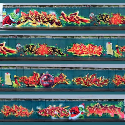 Colorful and Red Characters by Wok, Kan, Picks, Rowdy, Searok, Posa, AZME, Randy, Slider and Nuke. This Graffiti is located in Chemnitz, Germany and was created in 2020. This Graffiti can be described as Characters, Special and Stylewriting.