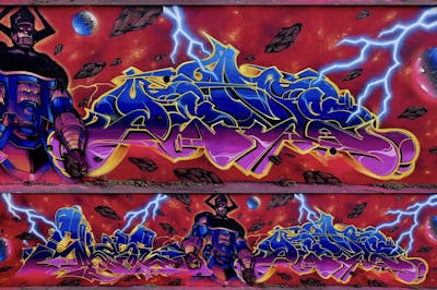 Colorful and Red Stylewriting by Yems and Skase. This Graffiti is located in Milan, Italy and was created in 2022. This Graffiti can be described as Stylewriting, Characters and Murals.