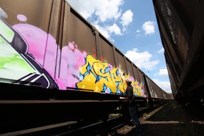 Yellow and Colorful Trains by Spocey, TML, cab, WH and IFC. This Graffiti is located in Germany and was created in 2020. This Graffiti can be described as Trains and Stylewriting.