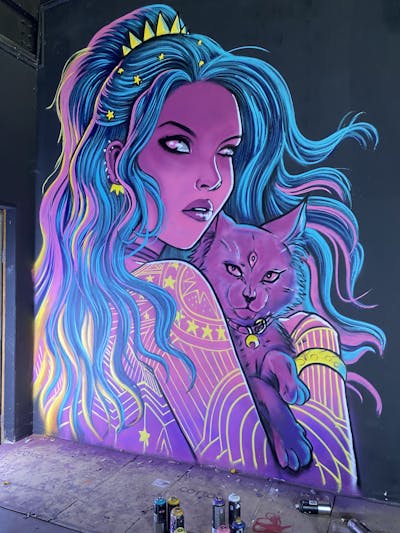 Coralle and Violet and Cyan Characters by CLOWN. This Graffiti is located in Mandalay, Myanmar and was created in 2023. This Graffiti can be described as Characters and Streetart.
