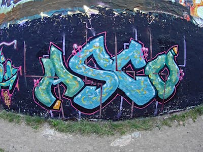 Colorful Wall of Fame by Asco. This Graffiti is located in Leipzig, Germany and was created in 2020. This Graffiti can be described as Wall of Fame and Stylewriting.