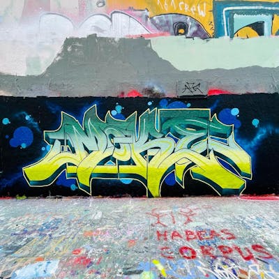 Yellow and Cyan Stylewriting by MOKE. This Graffiti is located in Berlin, Germany and was created in 2022. This Graffiti can be described as Stylewriting and Wall of Fame.