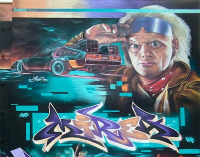 Orange and Violet and Cyan Characters by Graff.Funk, MIREA and Aser. This Graffiti is located in Leipzig, Germany and was created in 2023. This Graffiti can be described as Characters, Murals and Stylewriting.