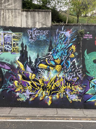 Yellow and Colorful Stylewriting by Sowet and Zark. This Graffiti is located in Brescia, Italy and was created in 2023. This Graffiti can be described as Stylewriting, Characters, Murals and Streetart.