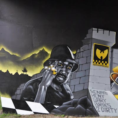 Black and Grey and Yellow Characters by Senpaigraffiti. This Graffiti is located in weert, Netherlands and was created in 2023.