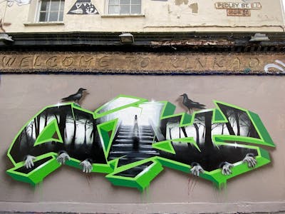 Light Green and Grey Stylewriting by Only E1. This Graffiti is located in London, United Kingdom and was created in 2021. This Graffiti can be described as Stylewriting, Characters and Wall of Fame.