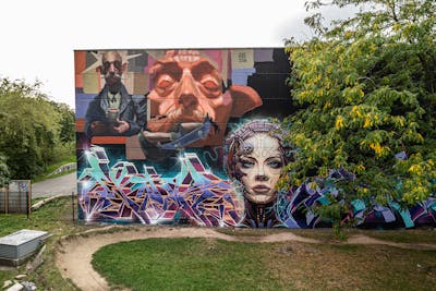 Orange and Violet and Cyan Murals by Graff.Funk, nex, Nexgraff, Wok, Chiesz and Stick. This Graffiti is located in Leipzig, Germany and was created in 2023. This Graffiti can be described as Murals, Stylewriting and Characters.