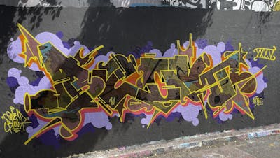 Colorful Stylewriting by OneBlow and TBT crew. This Graffiti is located in London, United Kingdom and was created in 2022. This Graffiti can be described as Stylewriting and Wall of Fame.