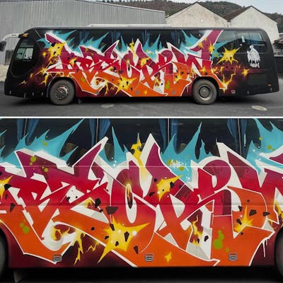 Red and Orange Stylewriting by Smer and ABS crew. This Graffiti is located in Hangzhou, China and was created in 2021. This Graffiti can be described as Stylewriting and Cars.