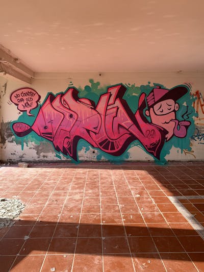 Coralle and Cyan Stylewriting by APSET, DEM and Merlin. This Graffiti is located in Lemnos, Greece and was created in 2021. This Graffiti can be described as Stylewriting, Characters and Abandoned.
