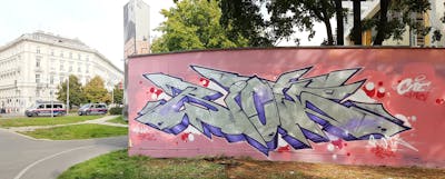 Chrome and Violet Stylewriting by Riots. This Graffiti is located in Wien, Austria and was created in 2022. This Graffiti can be described as Stylewriting and Street Bombing.
