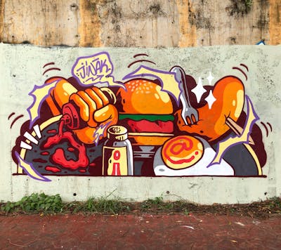 Colorful and Orange Stylewriting by JINAK. This Graffiti is located in Batam, Indonesia and was created in 2022. This Graffiti can be described as Stylewriting and Characters.