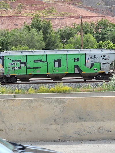 Light Green and Black Stylewriting by Esor. This Graffiti is located in United States and was created in 2022. This Graffiti can be described as Stylewriting, Trains, Wholecars and Freights.