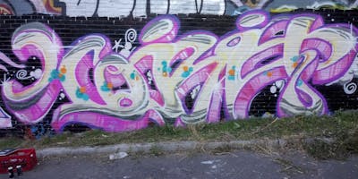 Beige and Violet Stylewriting by XQIZIT, TC and tdn. This Graffiti is located in NEW YORK CITY, United States and was created in 2021. This Graffiti can be described as Stylewriting and Wall of Fame.