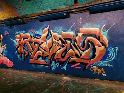 Brown and Blue Stylewriting by REVES ONE. This Graffiti is located in United Kingdom and was created in 2024. This Graffiti can be described as Stylewriting and Wall of Fame.