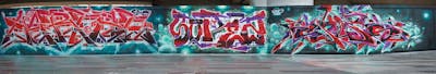 Cyan and Red and Violet Stylewriting by Chips, Sorez and hertse1. This Graffiti is located in London, United Kingdom and was created in 2019. This Graffiti can be described as Stylewriting and Wall of Fame.