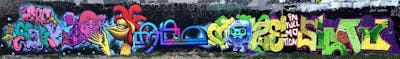 Colorful Characters by Hülpman, Egosoup, Miso, OST, PÜTK, TDZ, RWRZ, Simo, Ooze and OMIS. This Graffiti is located in Berlin, Germany and was created in 2021. This Graffiti can be described as Characters, Stylewriting and Wall of Fame.