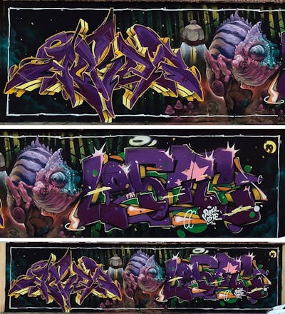 Violet Stylewriting by Acker, Mr Chapu and Loste. This Graffiti is located in Palermo, Italy and was created in 2019. This Graffiti can be described as Stylewriting and Characters.