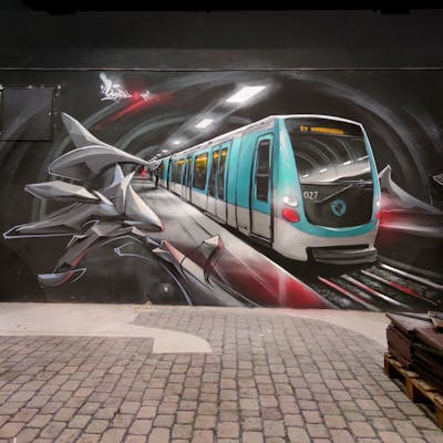 Cyan and Grey and Black Stylewriting by Caer8th. This Graffiti is located in Prague, Czech Republic and was created in 2023. This Graffiti can be described as Stylewriting, Characters, 3D and Futuristic.