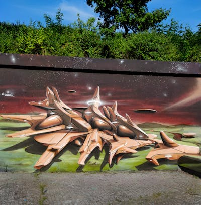 Brown and Light Green Stylewriting by Caer8th. This Graffiti is located in Prague, Czech Republic and was created in 2022. This Graffiti can be described as Stylewriting, Wall of Fame and 3D.