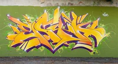Yellow and Violet and Light Green Stylewriting by Esta and TGSCREW. This Graffiti is located in Tivoli, Italy and was created in 2023.