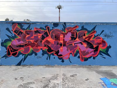 Red and Light Blue and Colorful Stylewriting by OneBlow, TNC, TBT and blow. This Graffiti is located in Brindisi, Italy and was created in 2024.