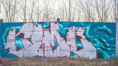 Red and Cyan and Chrome Stylewriting by Cime. This Graffiti is located in Budapest, Hungary and was created in 2019.