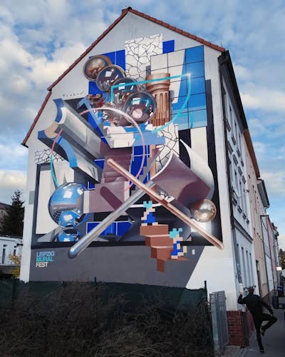 Light Blue and Colorful 3D by Bond. This Graffiti is located in Leipzig, Germany and was created in 2021. This Graffiti can be described as 3D, Stylewriting, Murals and Futuristic.