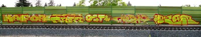 Yellow and Red Stylewriting by kafor, urine, mobar, Pizar and OST. This Graffiti is located in Leipzig, Germany and was created in 2016. This Graffiti can be described as Stylewriting and Line Bombing.
