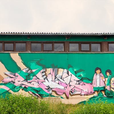 Beige and Light Green and Coralle Murals by Rowdy. This Graffiti is located in Radebeul, Germany and was created in 2022. This Graffiti can be described as Murals, Special, Stylewriting and Characters.
